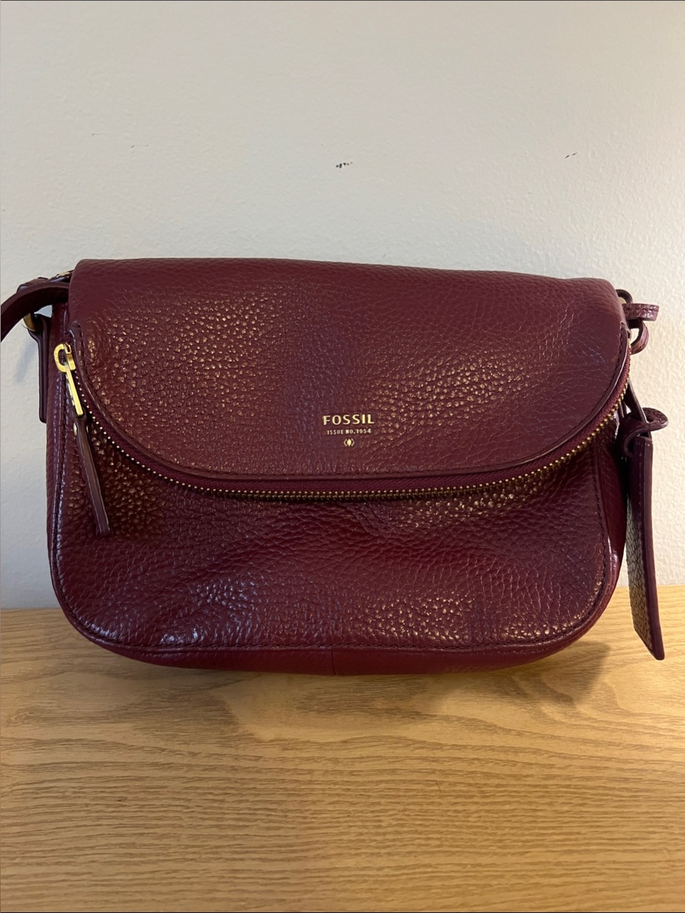 Fossil Pebbled Leather Crossbody Bag in Deep Burgundy